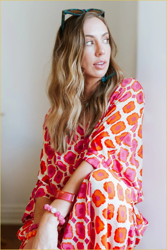 Holly Print Robe - Fuchsia and Orange